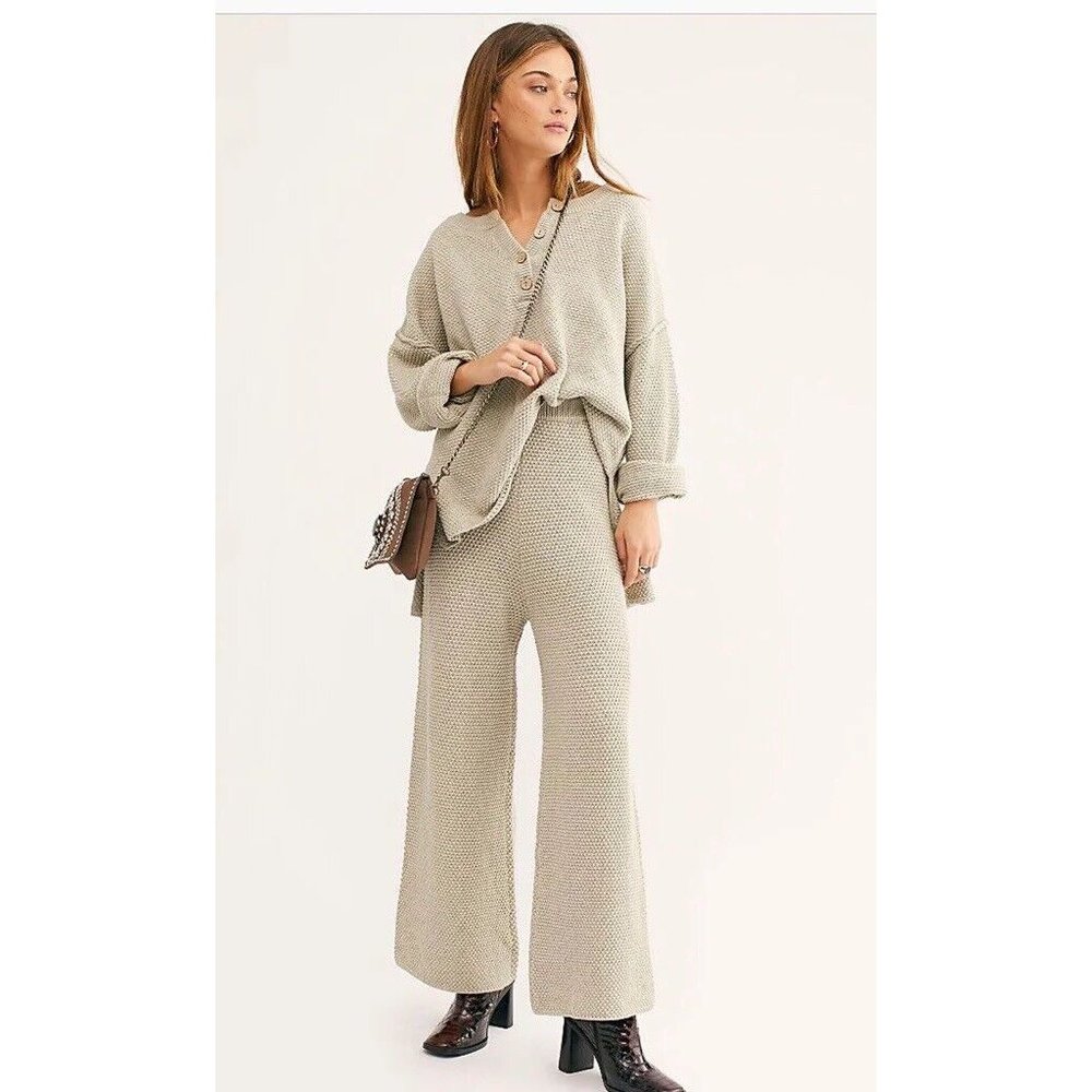 NEW FREE PEOPLE BEACH HAILEE SWEATER SET HENLEY PULLOVER & WIDE LEG PANT